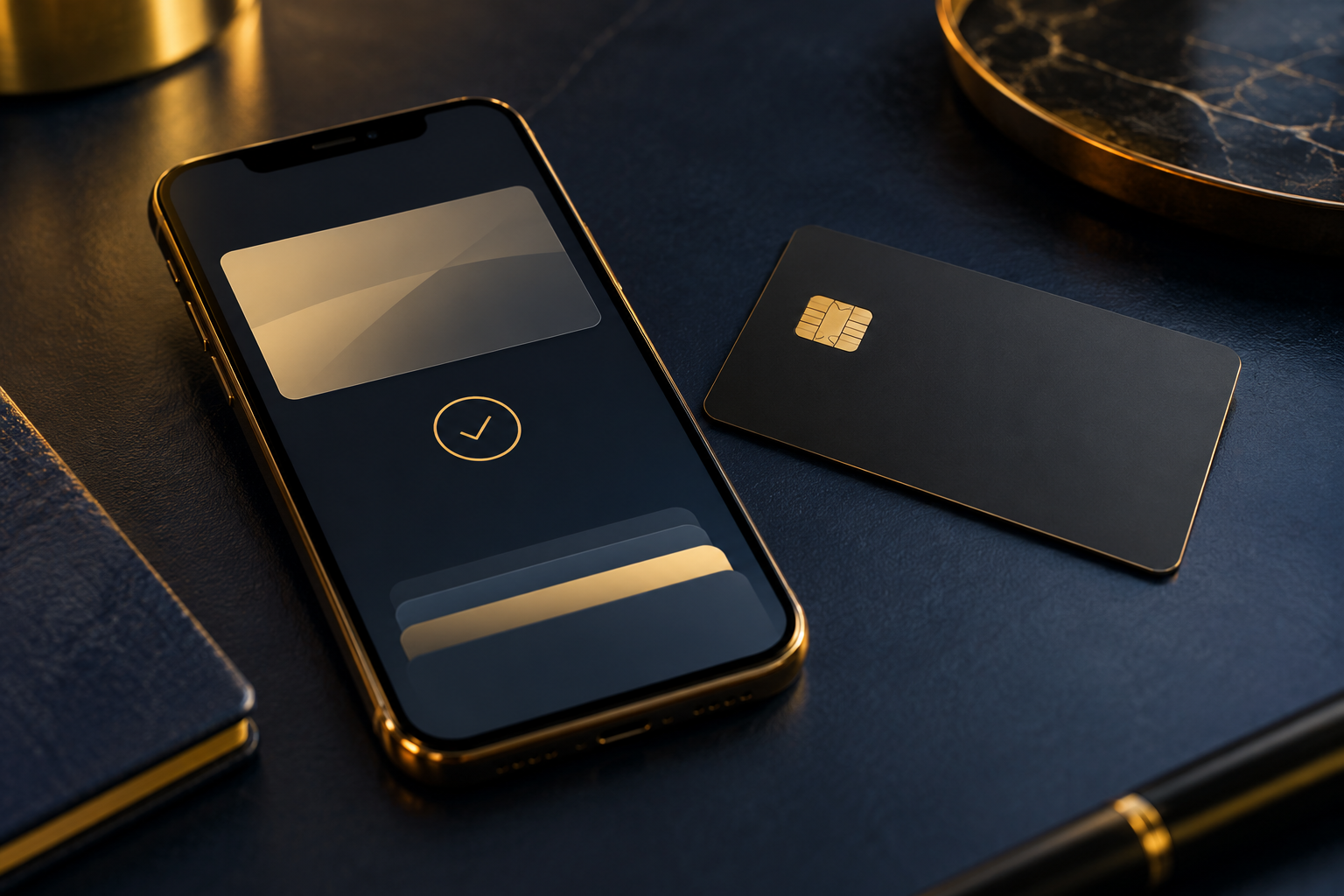 Smartphone und Bankkarte mit goldener Beleuchtung