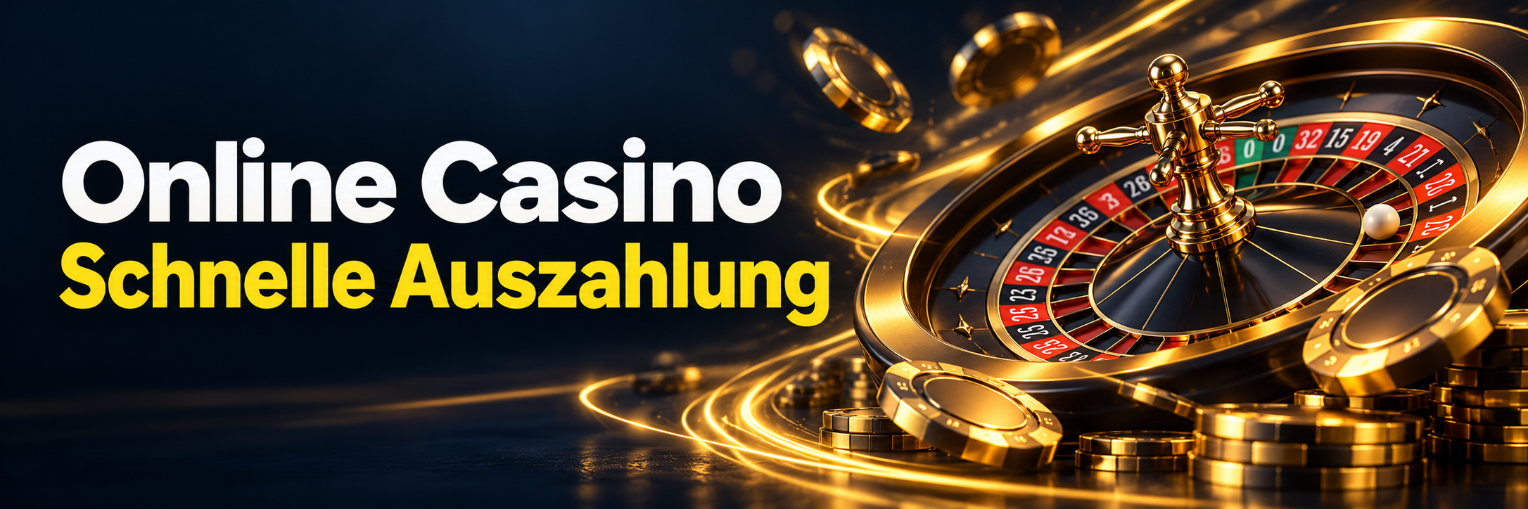Online Casino Schnelle Auszahlung — goldene Casino-Chips, Spielkarten und Rouletterad